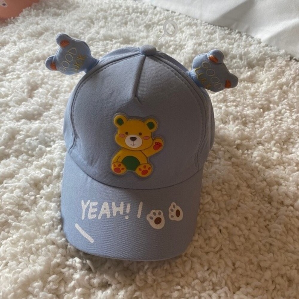 Children's Ball Cap. Blue Multi. One Size. Cute Bear Design. Adjustable Velcro.